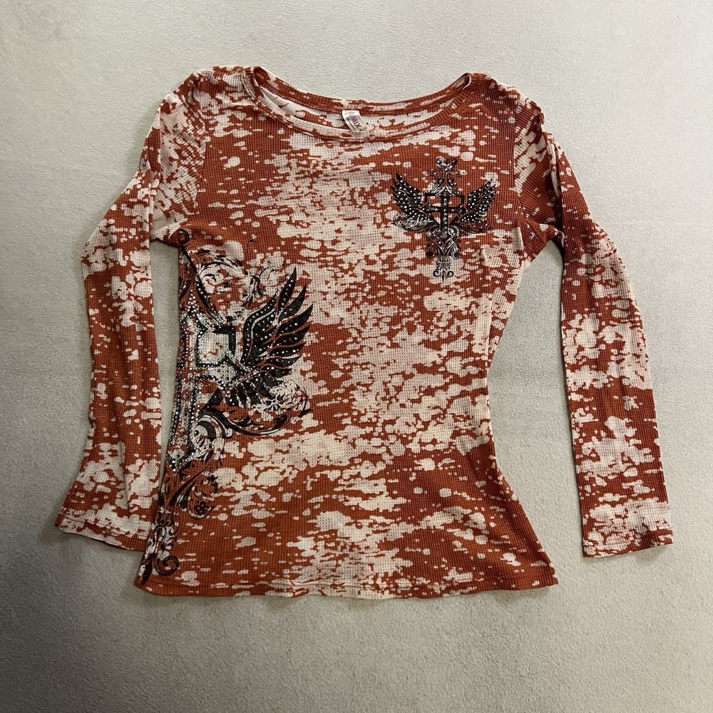 Vintage Otomix Shirt Top Women's Size Medium Cross Wings Rhinestones Thermal Y2K